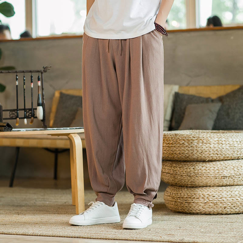 Buddha Stones Summer Plain Men's Cotton Linen Tapered Pants With Pockets - SandyBrown - US/UK/AU48，EU58(5XL)  - image 10