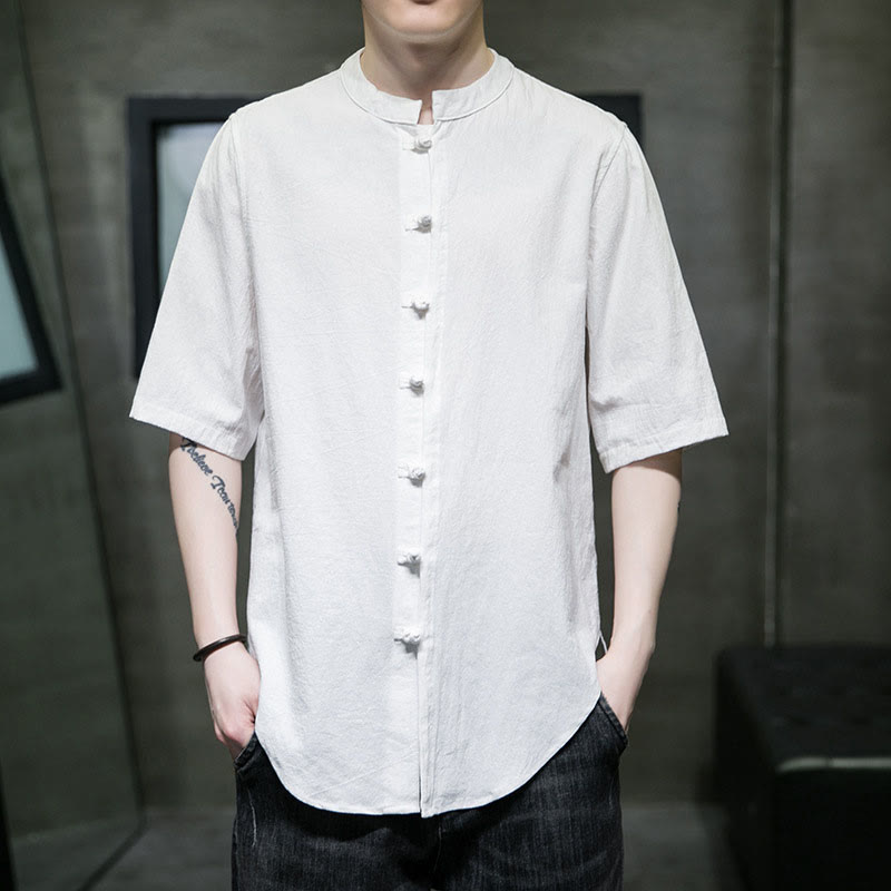 Buddha Stones Plain Color Men's Half Sleeve Cotton Shirt - White - US/UK/AU46，EU56 (5XL)  - image 1