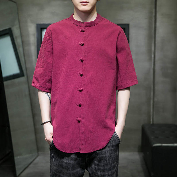 Buddha Stones Plain Color Men's Half Sleeve Cotton Shirt - MediumVioletRed - US/UK/AU46，EU56 (5XL)  - image 10