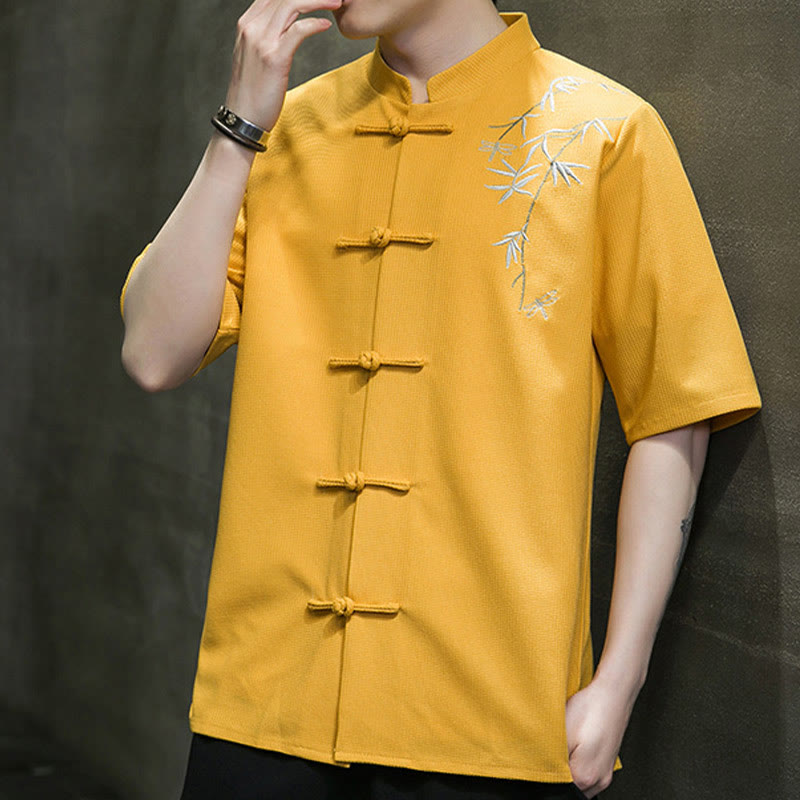 Buddha Stones Frog-Button Leaf Dragonfly Embroidery Men's Short Sleeve Shirt