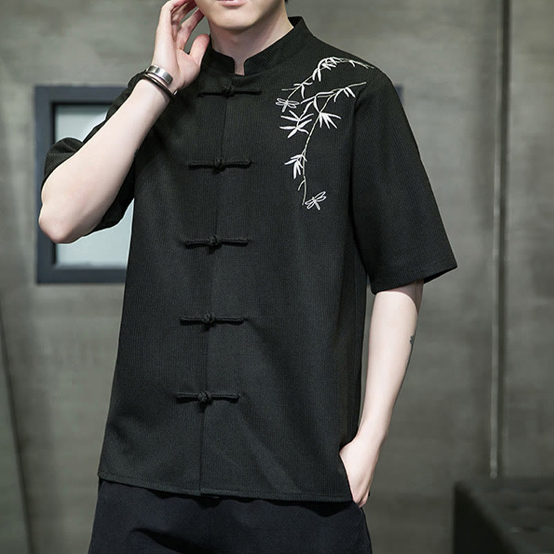 Buddha Stones Frog-Button Leaf Dragonfly Embroidery Men's Short Sleeve Shirt - image 17