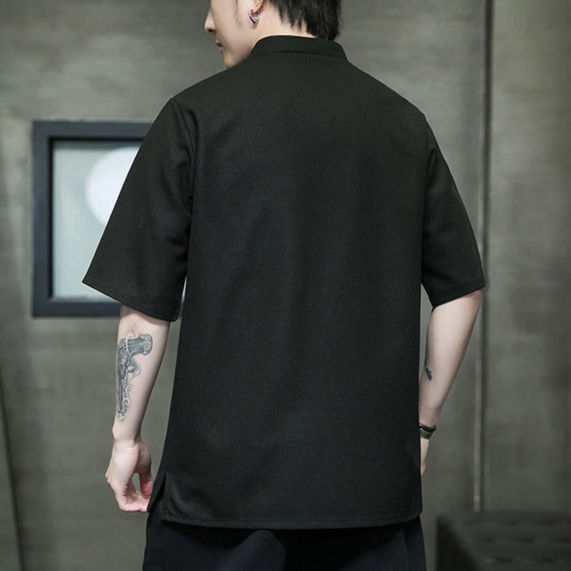 Buddha Stones Frog-Button Leaf Dragonfly Embroidery Men's Short Sleeve Shirt - image 16