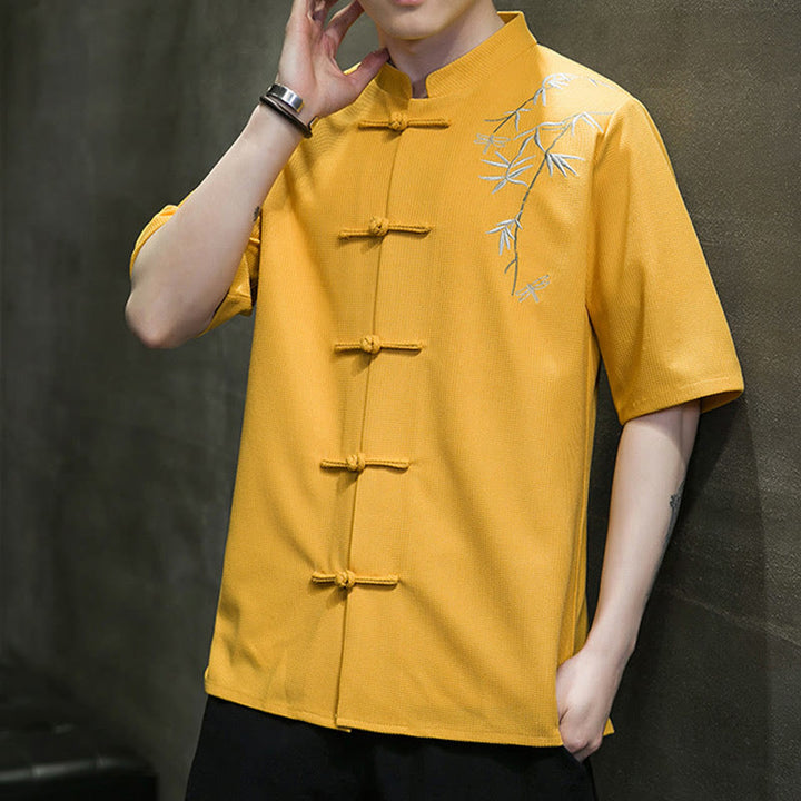 Buddha Stones Frog-Button Leaf Dragonfly Embroidery Men's Short Sleeve Shirt - image 13