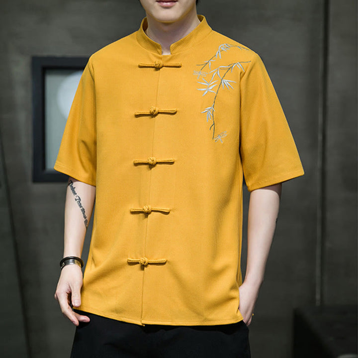 Buddha Stones Frog-Button Leaf Dragonfly Embroidery Men's Short Sleeve Shirt - image 8
