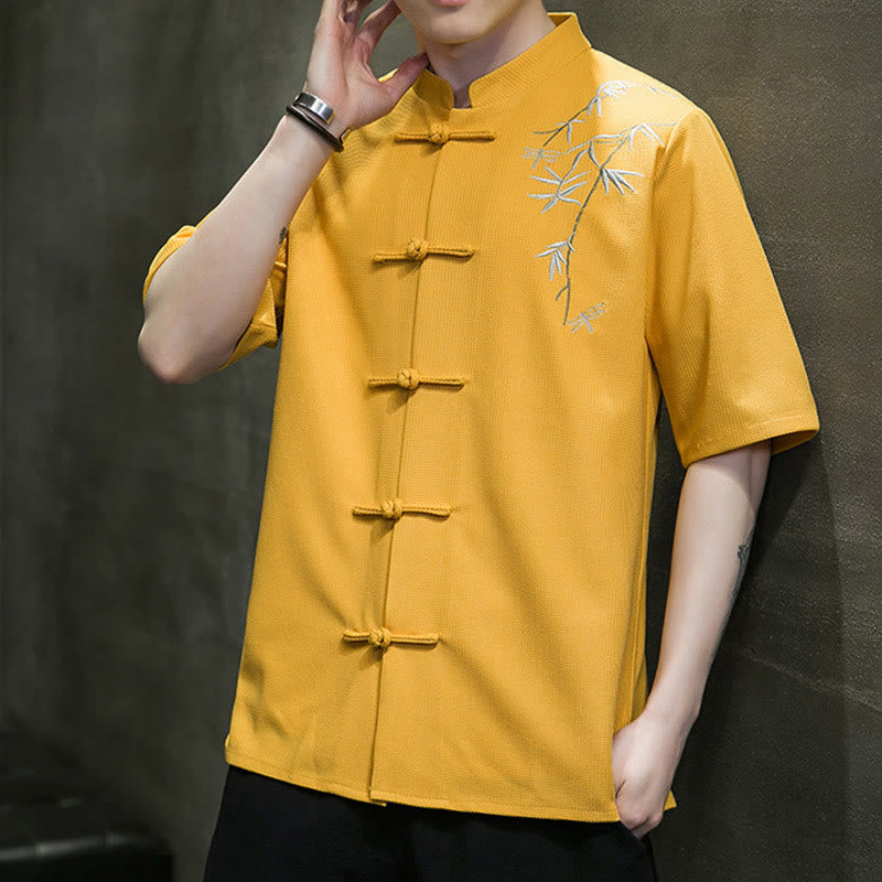 Buddha Stones Frog-Button Leaf Dragonfly Embroidery Men's Short Sleeve Shirt - image 13