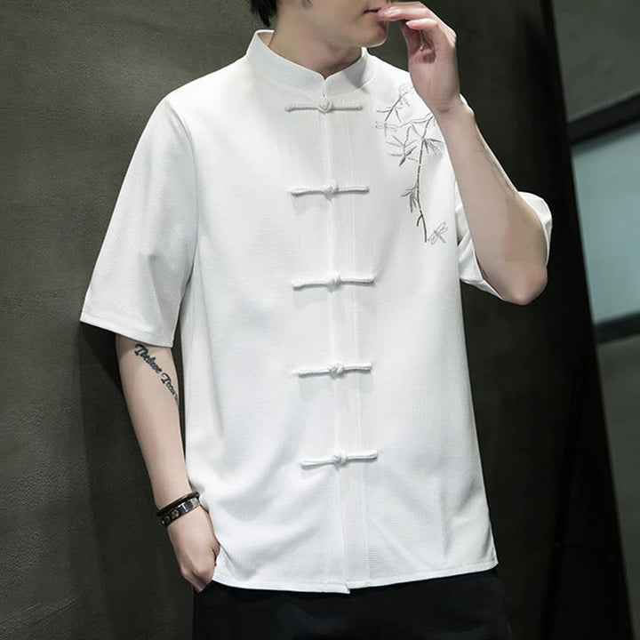 Buddha Stones Frog-Button Leaf Dragonfly Embroidery Men's Short Sleeve Shirt - image 3