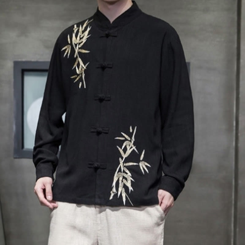 Buddha Stones Chinese Frog-Button Tang Suit Bamboo Leaves Long Sleeve Shirt Cotton Linen Men's Jacket