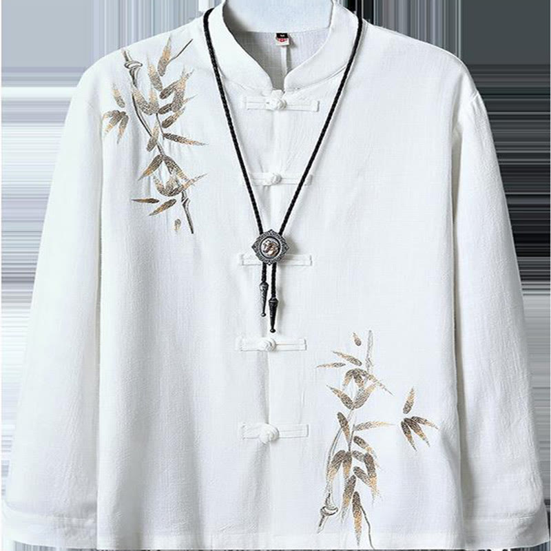 Buddha Stones Chinese Frog-Button Tang Suit Bamboo Leaves Long Sleeve Shirt Cotton Linen Men's Jacket - image 2