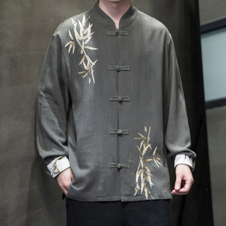 Buddha Stones Chinese Frog-Button Tang Suit Bamboo Leaves Long Sleeve Shirt Cotton Linen Men's Jacket - image 10