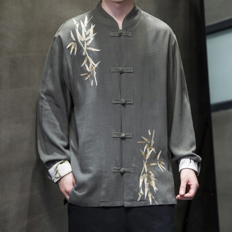 Buddha Stones Chinese Frog-Button Tang Suit Bamboo Leaves Long Sleeve Shirt Cotton Linen Men's Jacket