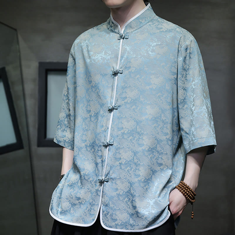 Buddha Stones Chinese Tang Suit Frog-Button Print Men's Half Sleeve Shirt