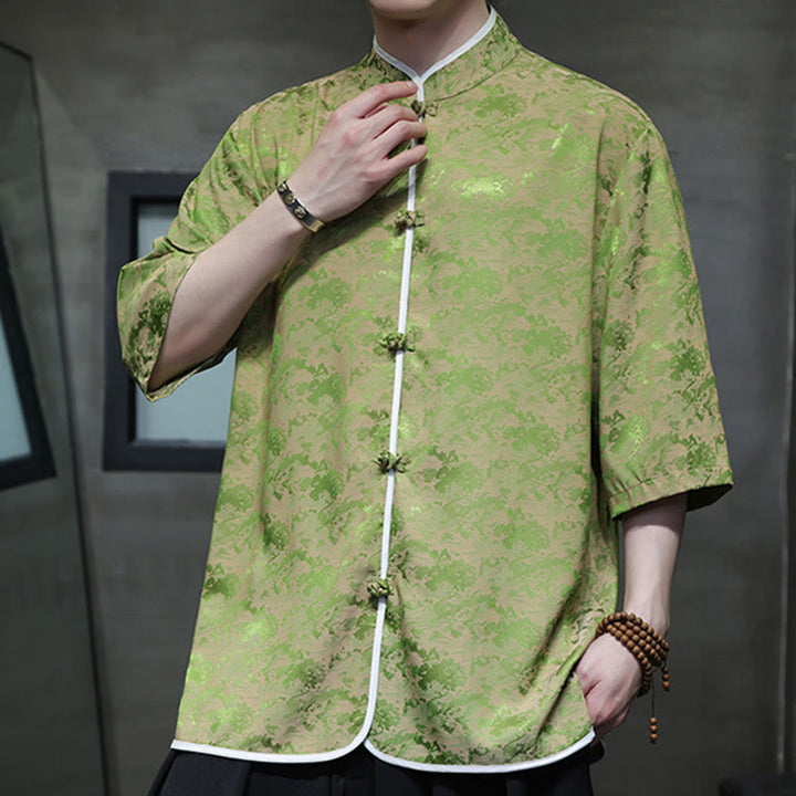 Buddha Stones Chinese Tang Suit Frog-Button Print Men's Half Sleeve Shirt