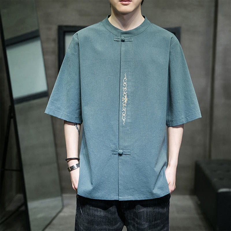 Buddha Stones Plain Color Frog-Button Embroidery Men's Half Sleeve Cotton Shirt - Turquoise - US/UK/AU46，EU56 (5XL) - image 0