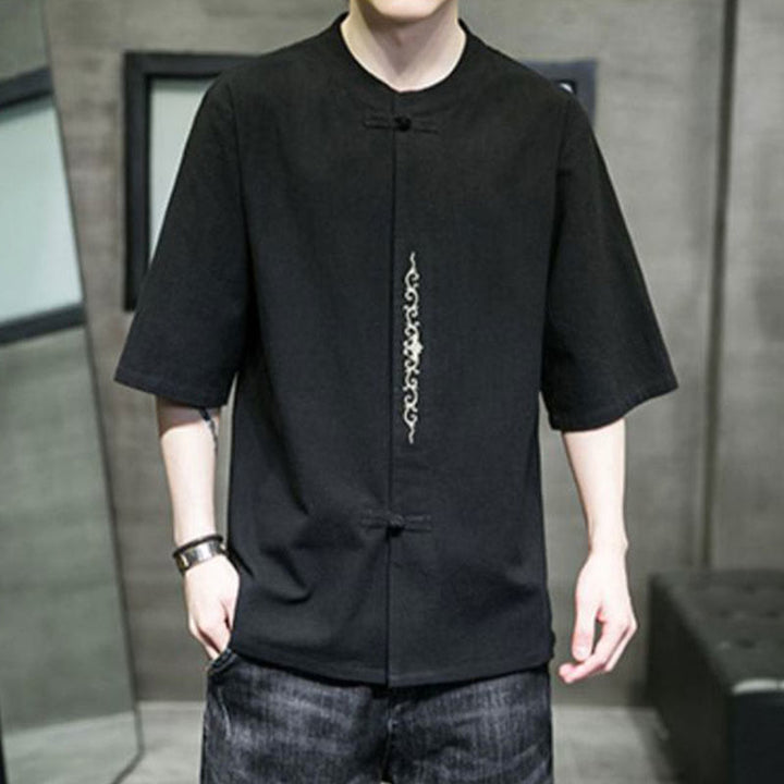 Buddha Stones Plain Color Frog-Button Embroidery Men's Half Sleeve Cotton Shirt - image 13