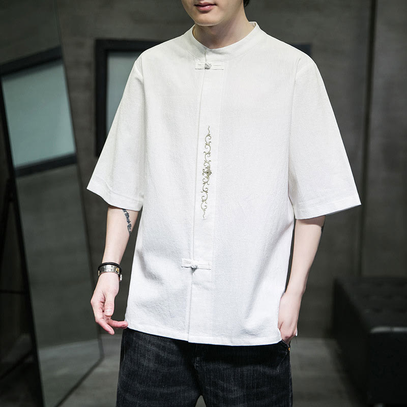 Buddha Stones Plain Color Frog-Button Embroidery Men's Half Sleeve Cotton Shirt - image 25