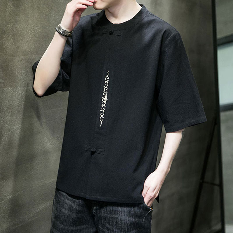 Buddha Stones Plain Color Frog-Button Embroidery Men's Half Sleeve Cotton Shirt - image 11