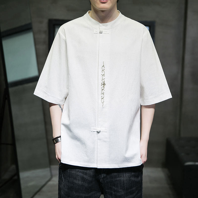 Buddha Stones Plain Color Frog-Button Embroidery Men's Half Sleeve Cotton Shirt - White - US/UK/AU46，EU56 (5XL) - image 17
