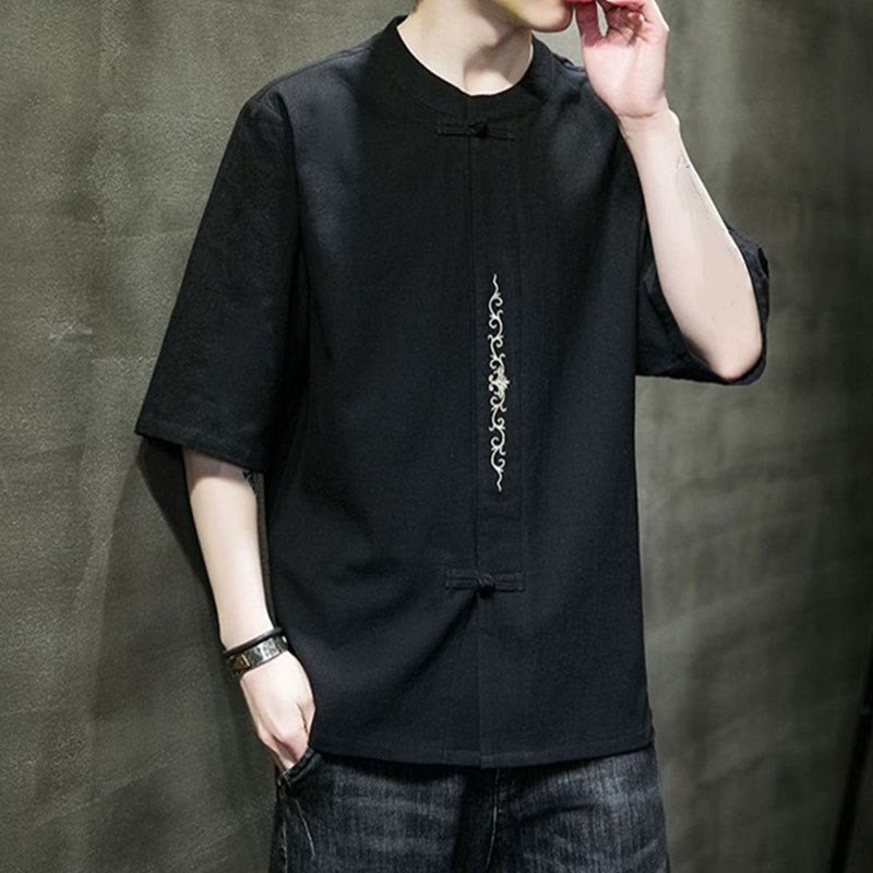 Buddha Stones Plain Color Frog-Button Embroidery Men's Half Sleeve Cotton Shirt - image 10