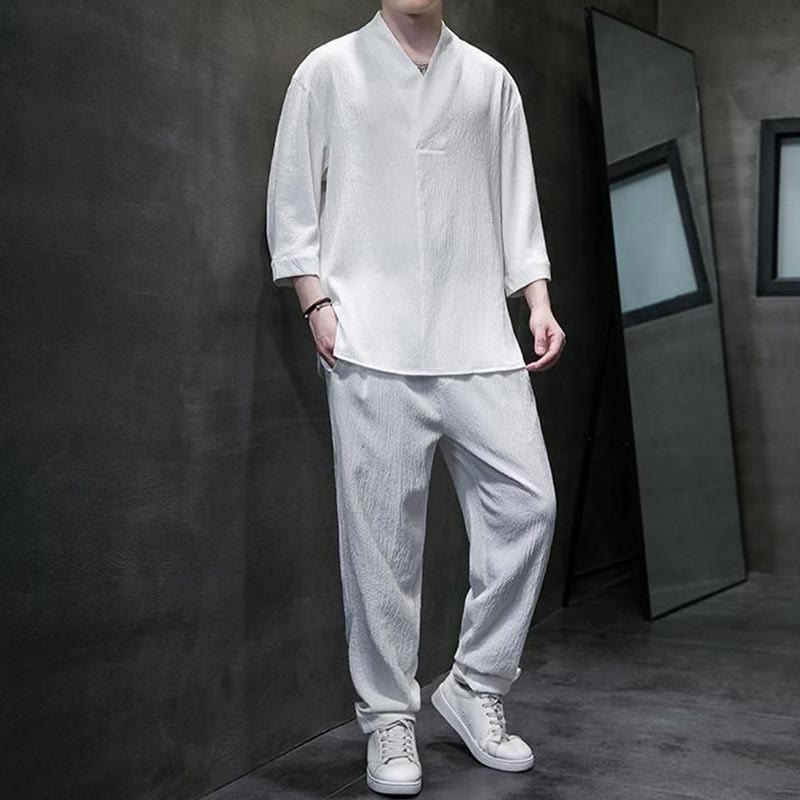 Buddha Stones Solid Color V-Neck Three Quarter Sleeve Shirt Casual Pants Clothing Men's Set - image 5