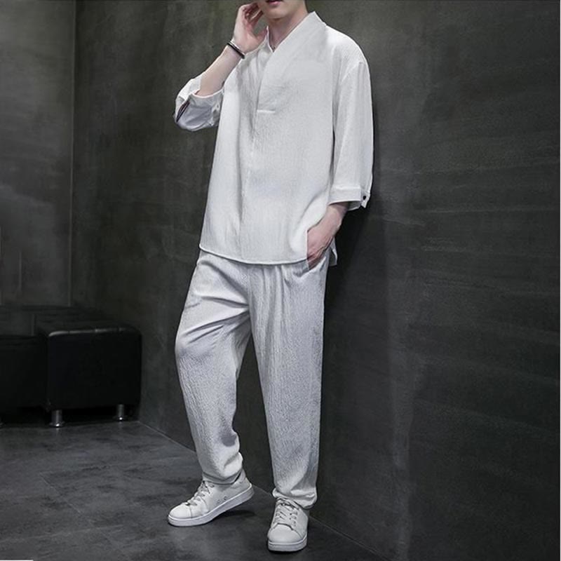 Buddha Stones Solid Color V-Neck Three Quarter Sleeve Shirt Casual Pants Clothing Men's Set - image 3