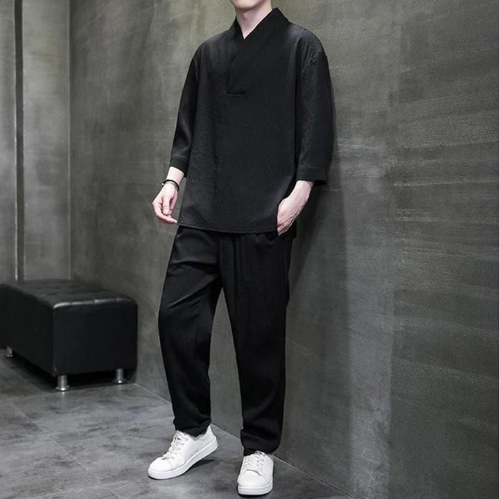 Buddha Stones Solid Color V-Neck Three Quarter Sleeve Shirt Casual Pants Clothing Men's Set - image 10