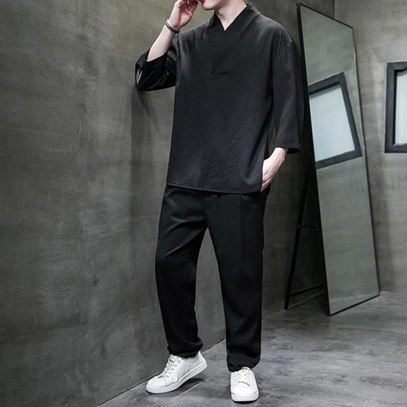 Buddha Stones Solid Color V-Neck Three Quarter Sleeve Shirt Casual Pants Clothing Men's Set - image 16