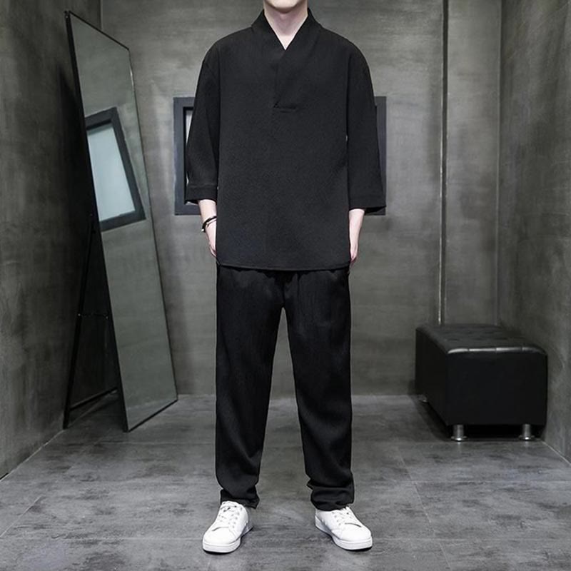 Buddha Stones Solid Color V-Neck Three Quarter Sleeve Shirt Casual Pants Clothing Men's Set - Black - US/UK/AU44，EU54 (4XL) - image 7