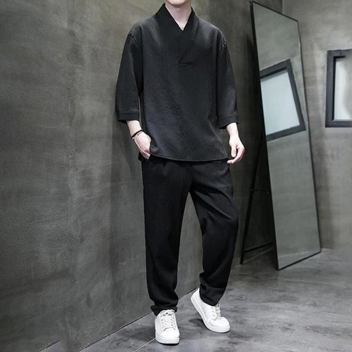 Buddha Stones Solid Color V-Neck Three Quarter Sleeve Shirt Casual Pants Clothing Men's Set - image 17