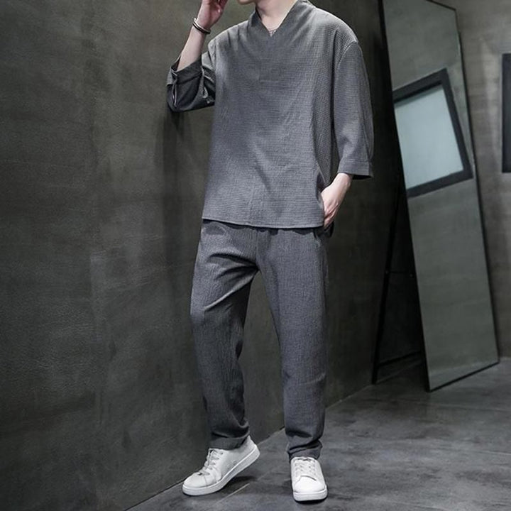 Buddha Stones Solid Color V-Neck Three Quarter Sleeve Shirt Casual Pants Clothing Men's Set - image 21