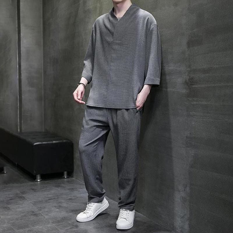 Buddha Stones Solid Color V-Neck Three Quarter Sleeve Shirt Casual Pants Clothing Men's Set - image 22