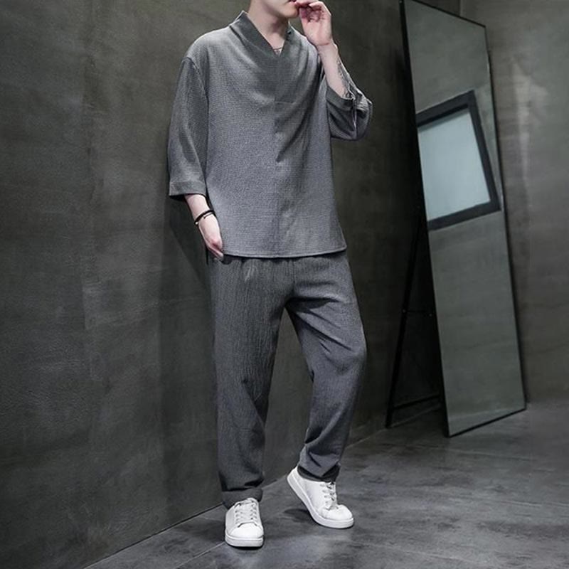 Buddha Stones Solid Color V-Neck Three Quarter Sleeve Shirt Casual Pants Clothing Men's Set - image 20