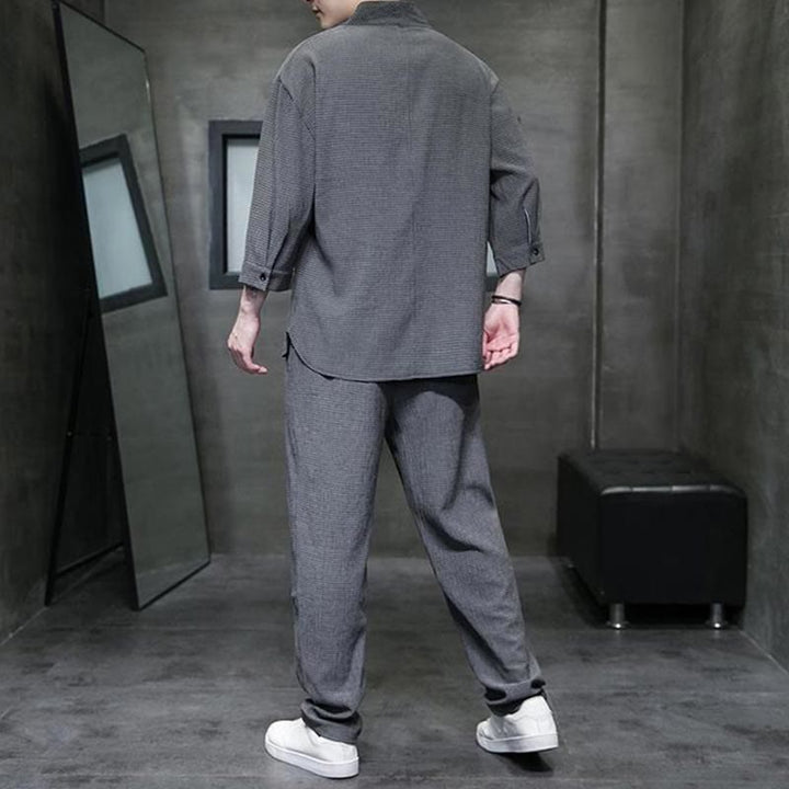 Buddha Stones Solid Color V-Neck Three Quarter Sleeve Shirt Casual Pants Clothing Men's Set - image 19