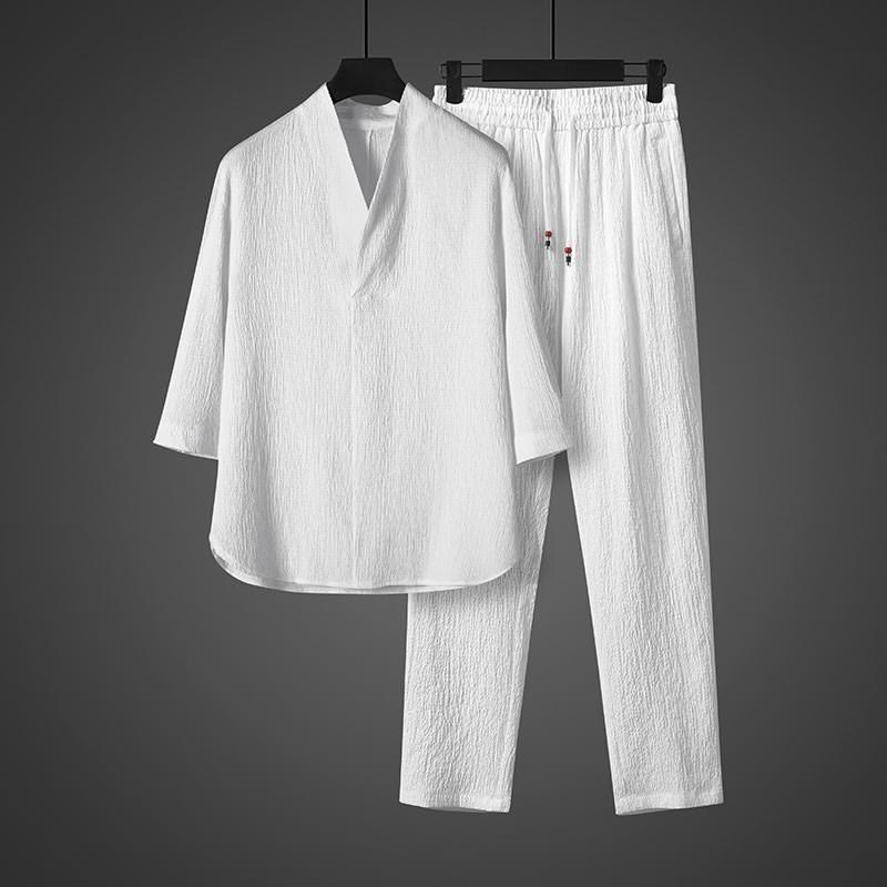 Buddha Stones Solid Color V-Neck Three Quarter Sleeve Shirt Casual Pants Clothing Men's Set - image 4