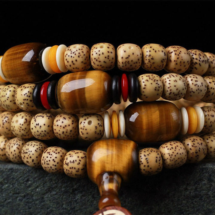 Buddha Stones 108 Mala Beads Bodhi Seed Tiger's Eye Fu Character Peace Bracelet