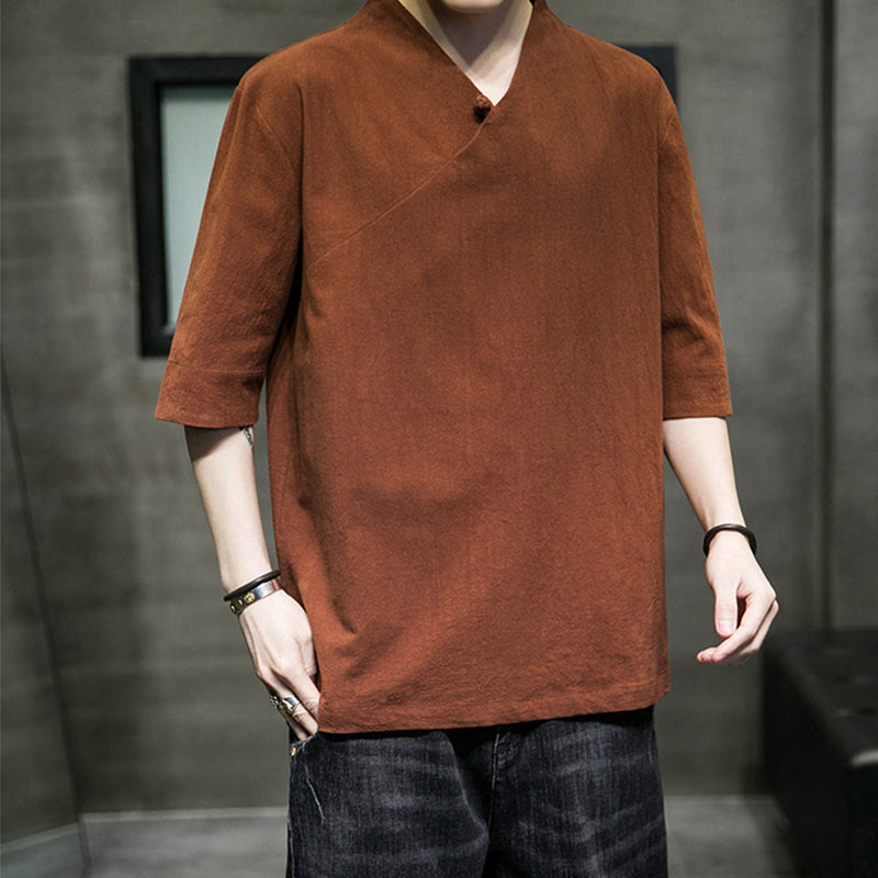 Buddha Stones V-Neck Plain Men's Half Sleeve Cotton Shirt - image 2