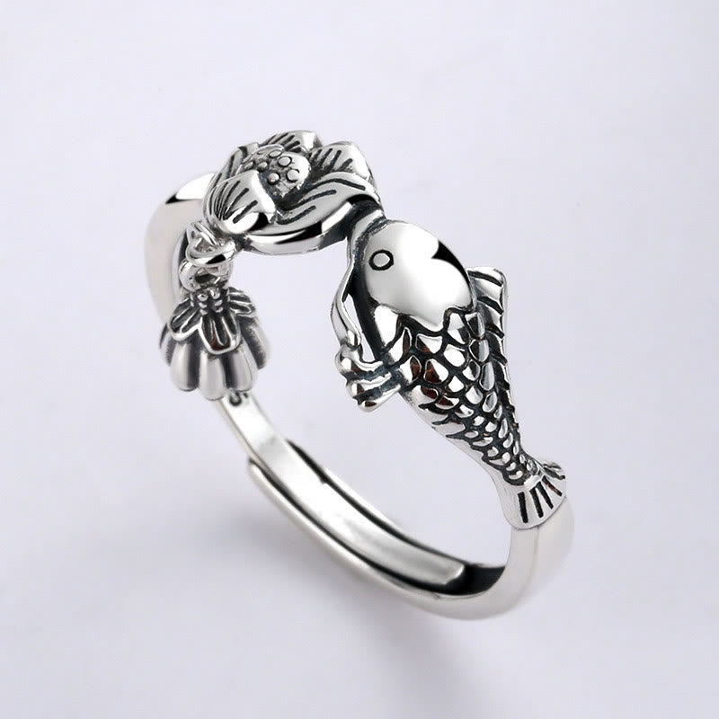 Buddha Stones 925 Sterling Silver Koi Fish Lotus Flower Success Ring