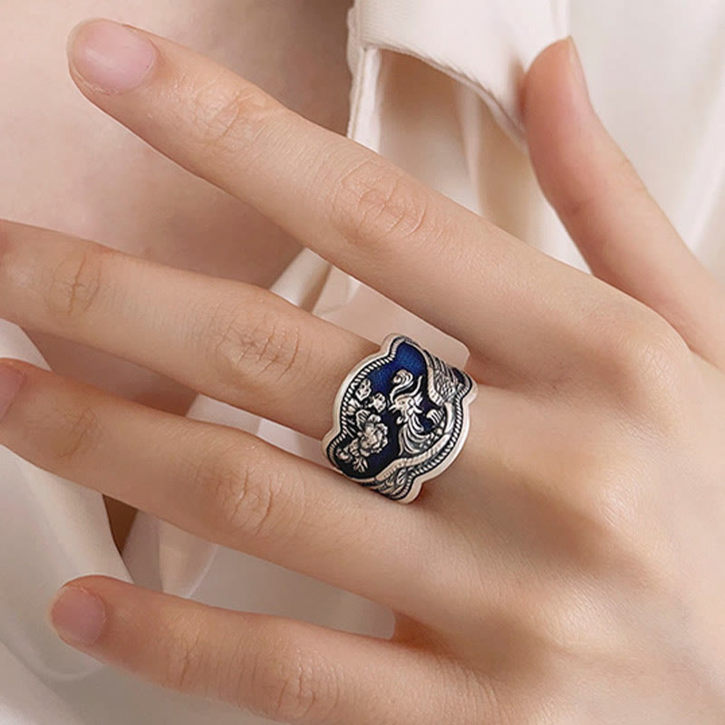 Buddha Stones 925 Sterling Silver Phoenix Peony Flowers Carved Luck Adjustable Ring - image 8