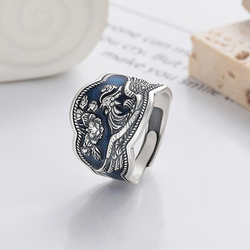 Buddha Stones 925 Sterling Silver Phoenix Peony Flowers Carved Luck Adjustable Ring - image 3
