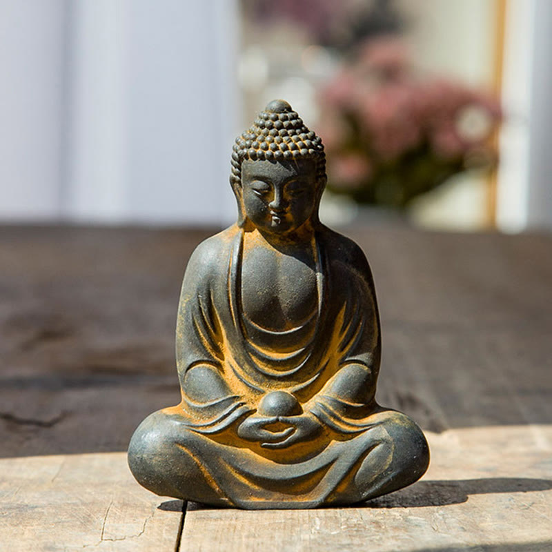 Buddha Stones Tibetan Meditating Buddha Iron Powder Rust Cast Resin Statue Serenity Decoration - Rust 10*7.5cm - image 0