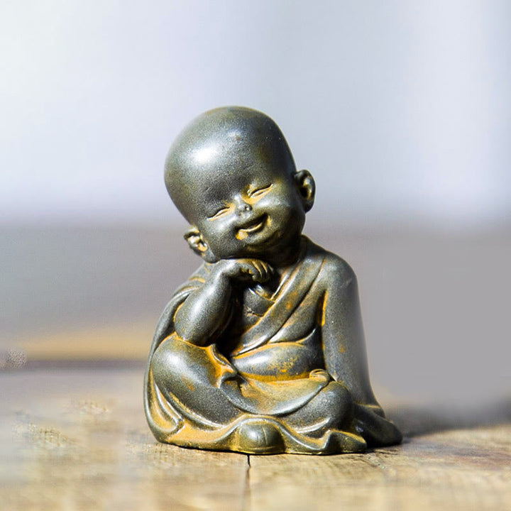 Buddha Stones Small Meditating Monk Iron Powder Rust Cast Resin Statue Desk Decoration - Monk Resting His Chin 6.5*5cm - image 4