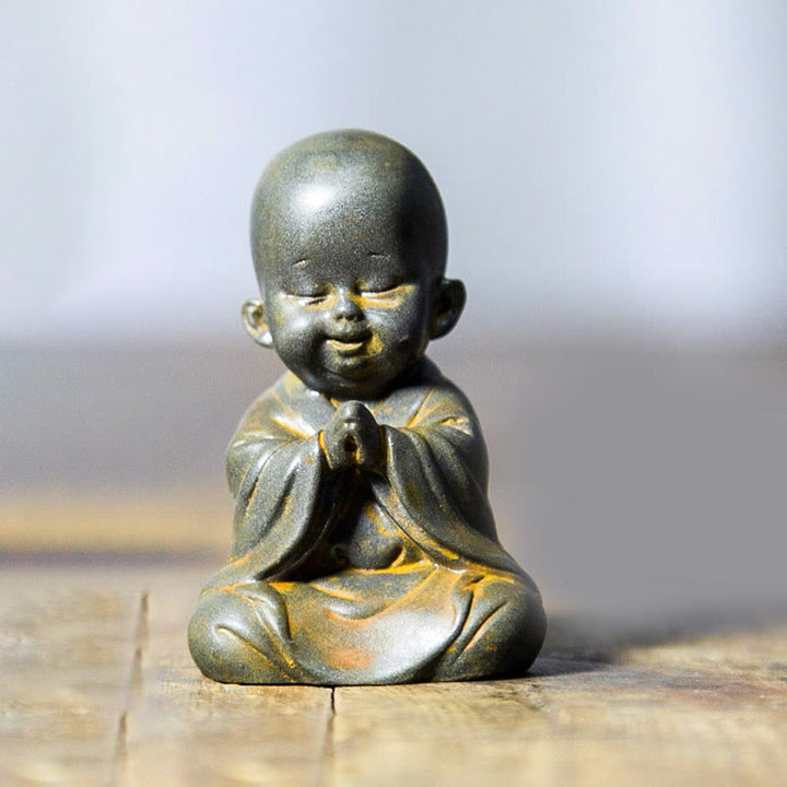 Buddha Stones Small Meditating Monk Iron Powder Rust Cast Resin Statue Desk Decoration