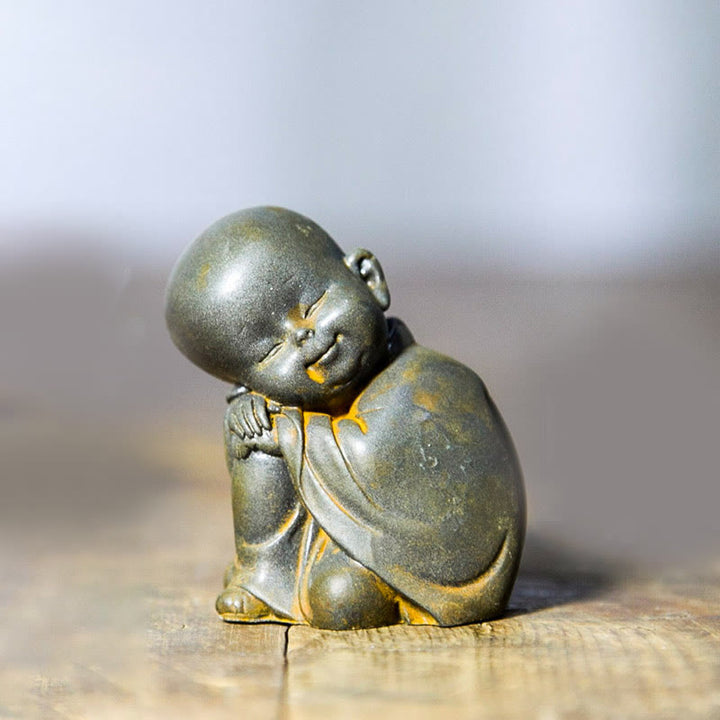 Buddha Stones Small Meditating Monk Iron Powder Rust Cast Resin Statue Desk Decoration