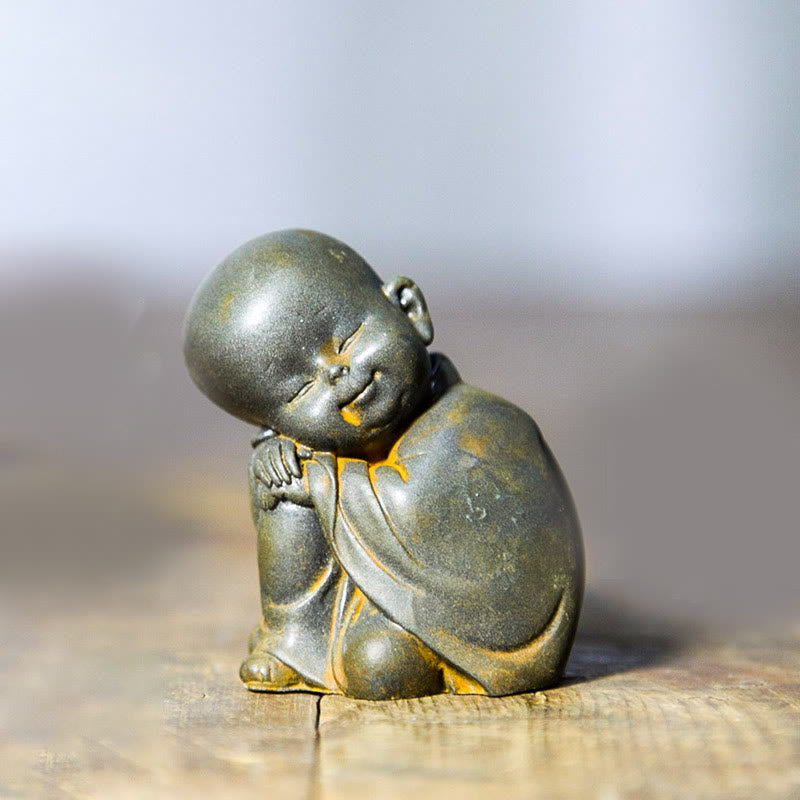 Buddha Stones Small Meditating Monk Iron Powder Rust Cast Resin Statue Desk Decoration - Monk Resting 5.5*4.7cm - image 8