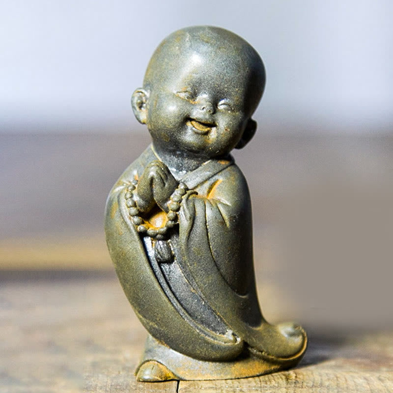 Buddha Stones Small Meditating Monk Iron Powder Rust Cast Resin Statue Desk Decoration