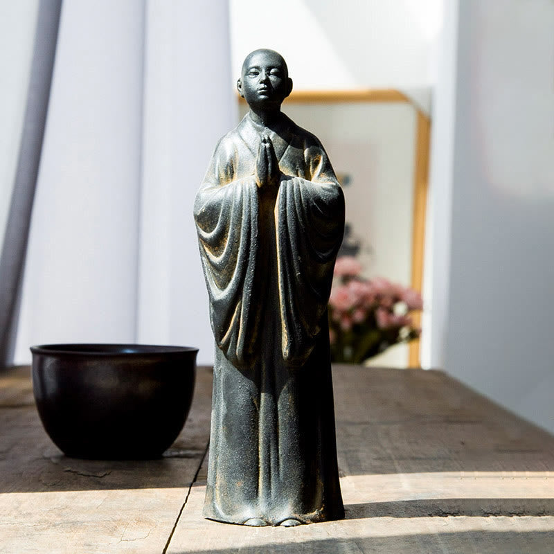 Buddha Stones Meditating Praying Monk Iron Powder Rust Cast Resin Statue Home Decoration