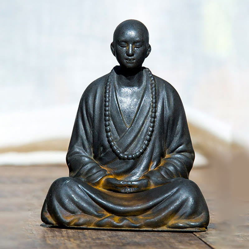 Buddha Stones Meditating Praying Monk Iron Powder Rust Cast Resin Statue Home Decoration