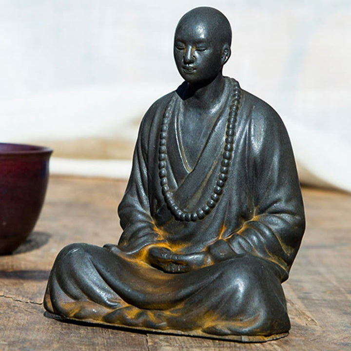 Buddha Stones Meditating Praying Monk Iron Powder Rust Cast Resin Statue Home Decoration