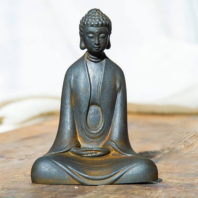 Buddha Stones Handmade Meditation Sakyamuni Buddha Iron Powder Rust Cast Resin Statue Decoration - Meditation Buddha - Rust Version 12*9cm - image 17