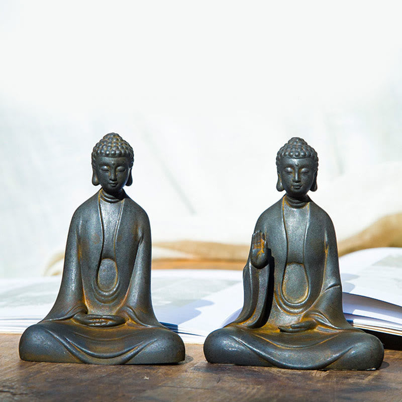 Buddha Stones Handmade Meditation Sakyamuni Buddha Iron Powder Rust Cast Resin Statue Decoration