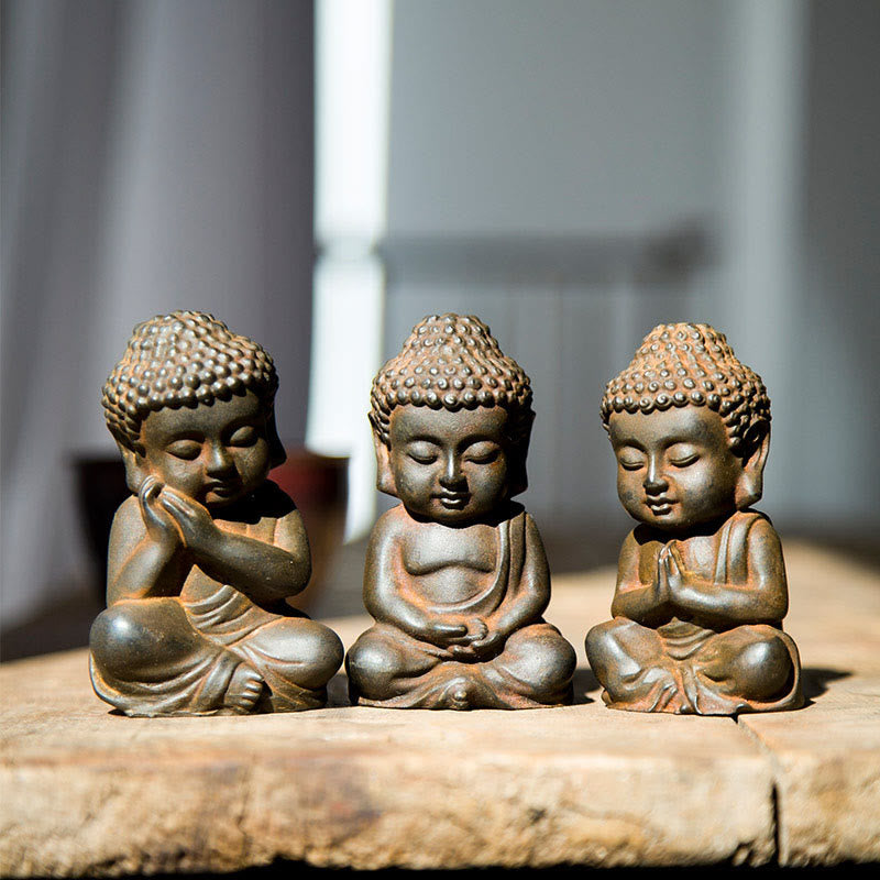 Buddha Stones Handmade Small Sakyamuni Buddha Iron Powder Rust Cast Resin Statue Decoration - Rust Version - 3Pcs Buddha - image 0